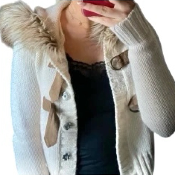 H&M Sweaters - H&M Beige Cardigan with Faux Fur Trim